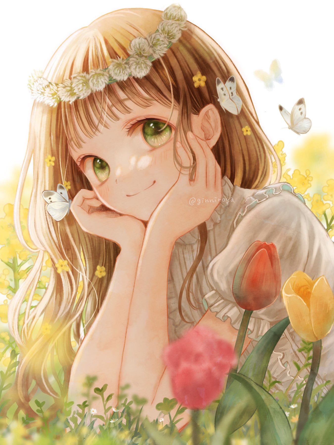 1girl, artist_name, bangs, blush, bug, butterfly, closed_mouth, commentary_request