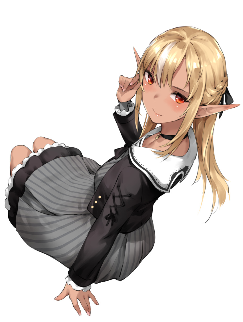 1girl, absurdres, arm_support, black_choker, black_jacket, black_ribbon, blonde_hair, blush