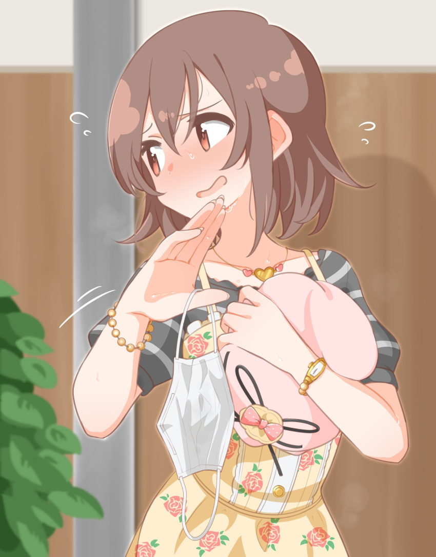 1girl, bangs, bead_bracelet, beads, black_shirt, blush, bracelet, brown_eyes