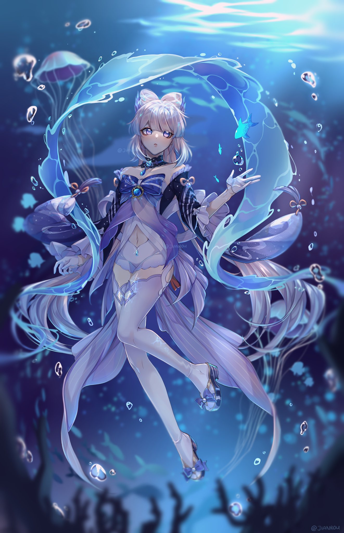 1girl, bow, bow-shaped_hair, dress, fish, full_body, genshin_impact, gloves, gradient_hair, highres, japanese_clothes, long_hair, multicolored_hair, pink_hair, purple_thighhighs, rourouki, sangonomiya_kokomi, shoes, solo, thigh-highs, twitter_username, underwater, very_long_hair, violet_eyes, vision_(genshin_impact), white_gloves