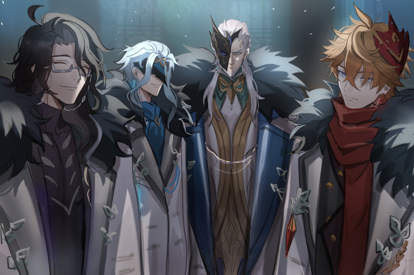 4boys, blue_eyes, blue_hair, closed_eyes, closed_mouth, dottore_(genshin_impact), genshin_impact, ha_ze