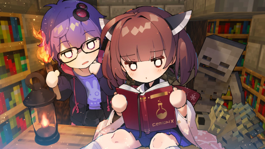 1boy, 1girl, animal_print, bangs, black_jacket, blue_skirt, blunt_bangs, book
