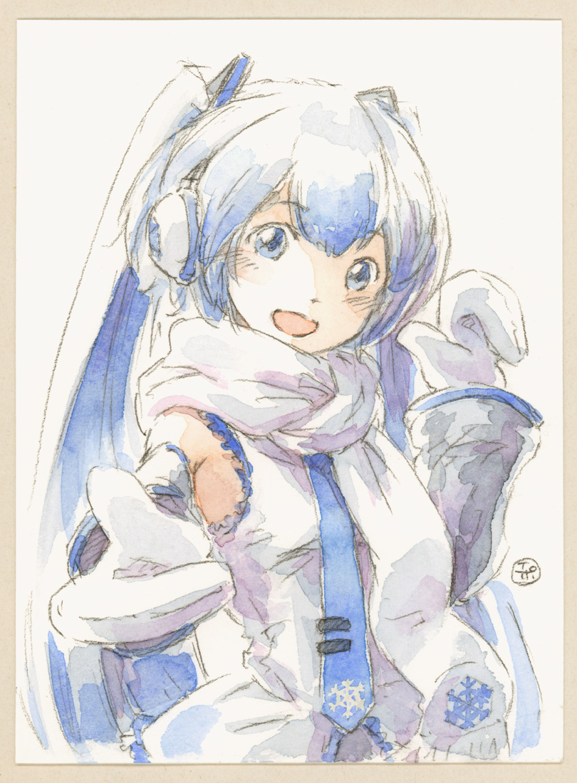 1girl, blue_eyes, blue_hair, blue_necktie, commentary, earmuffs, epoxy_putty, foreshortening, grey_sleeves, hair_ornament, hand_up, hatsune_miku, long_hair, mittens, necktie, open_mouth, outstretched_arm, painting_(medium), reaching_out, scarf, shirt, signature, sleeveless, sleeveless_shirt, smile, snowflake_print, solo, traditional_media, twintails, upper_body, very_long_hair, vocaloid, watercolor_(medium), white_background, white_mittens, white_scarf, white_shirt, yuki_miku, yuki_miku_(2011)