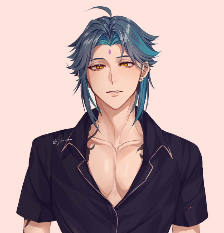 abs, genshin_impact, green_hair, highres, male_focus, multicolored_hair, muscular, muscular_male