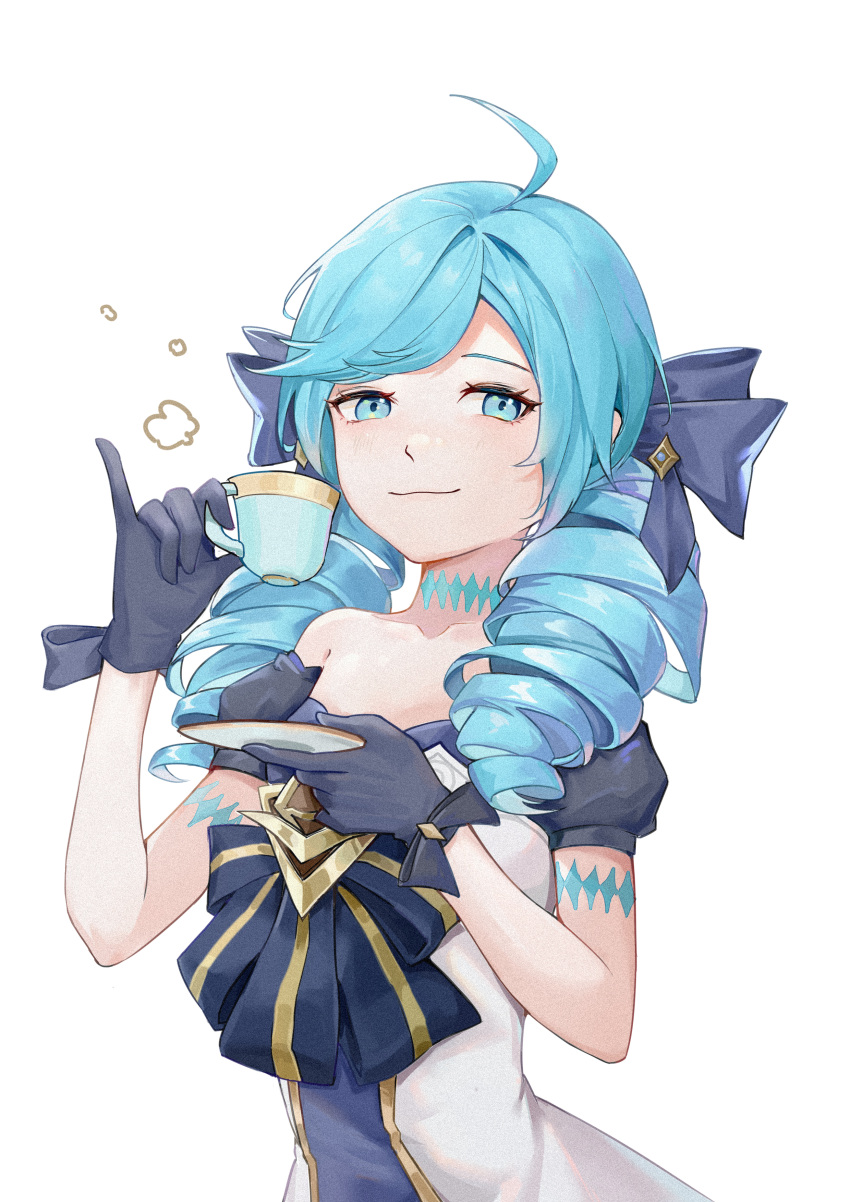 1girl, absurdres, ahoge, bangs, black_bow, black_gloves, bow, breasts, collarbone, cup, detached_sleeves, dress, drill_hair, gloves, green_eyes, green_hair, grey_dress, gwen_(league_of_legends), hair_bow, highres, holding, holding_cup, league_of_legends, long_hair, nitouchesiji, puffy_short_sleeves, puffy_sleeves, shiny, shiny_hair, short_sleeves, smile, solo, strapless, strapless_dress, twin_drills, twintails