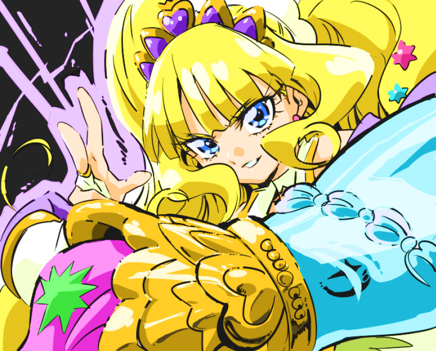 1girl, absurdres, aura, bangs, blonde_hair, blue_eyes, bridal_gauntlets, cure_finale, delicious_party_precure, earrings, eyelashes, hair_ornament, highres, jewelry, kasai_amane, long_hair, looking_at_viewer, magical_girl, pose, precure, simple_background, smile, solo, tiara, upper_body, yoshiyama_yuu