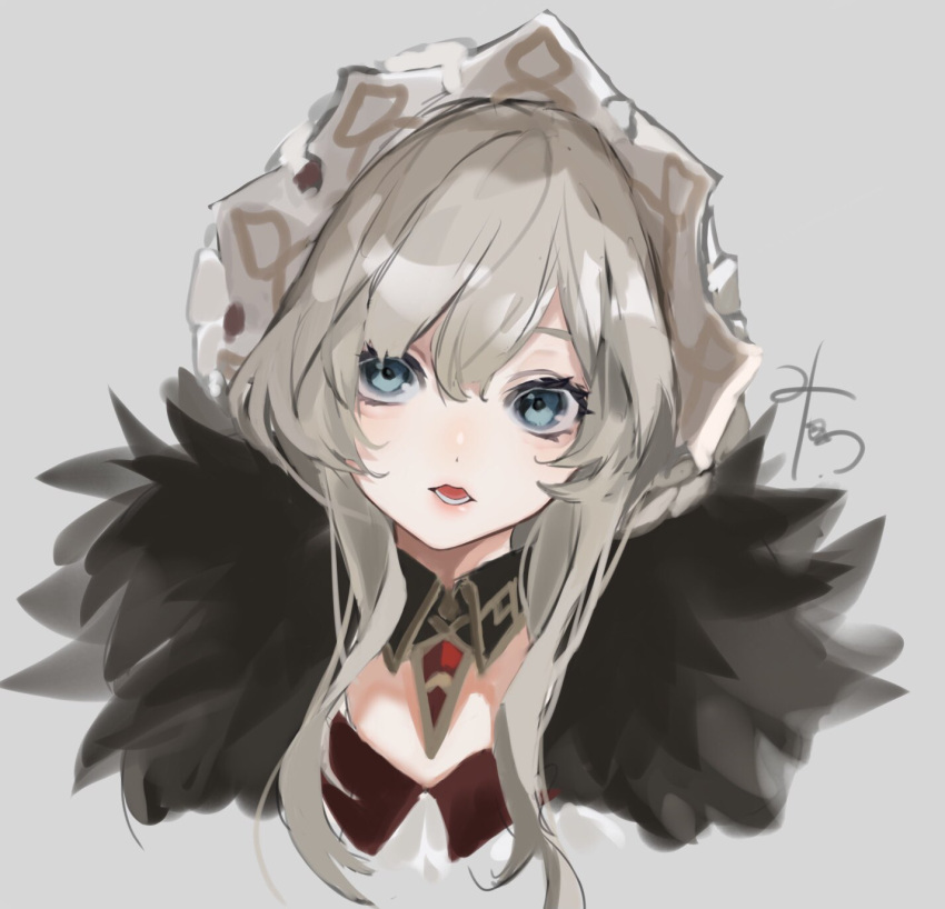 1girl, black_jacket, blonde_hair, blue_eyes, blush, bonnet, fur_trim, genshin_impact