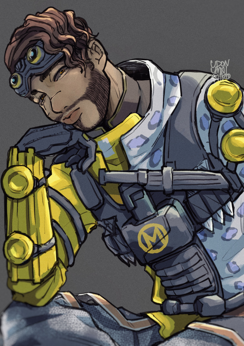 1boy, absurdres, animal_print, apex_legends, black_gloves, brown_eyes, brown_hair, dark-skinned_male