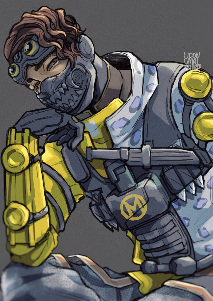 1boy, absurdres, animal_print, apex_legends, black_gloves, brown_eyes, brown_hair, dark-skinned_male