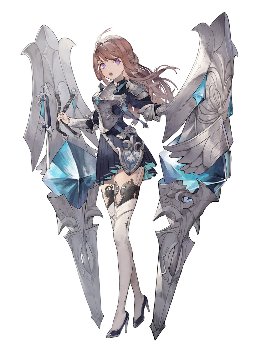 1girl, armor, bangs, black_footwear, breastplate, brown_hair, full_body, garter_straps