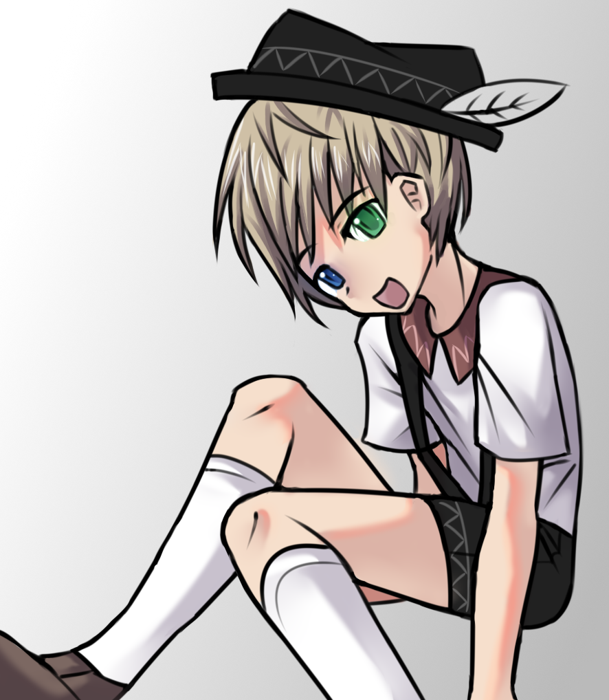 1boy, black_headwear, blonde_hair, blue_eyes, feet_out_of_frame, german_clothes, green_eyes, hat