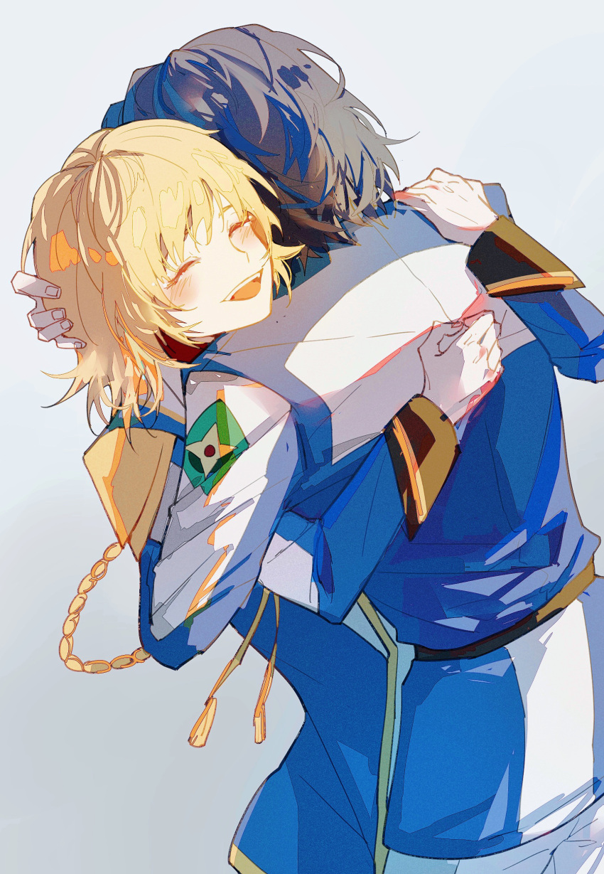 1boy, 1girl, :d, ^_^, absurdres, athrun_zala, blonde_hair, blue_jacket, blush, cagalli_yula_athha, closed_eyes, couple, gloves, grey_hair, gundam, gundam_seed, hetero, highres, hug, jacket, kimven_(wenzisama), long_sleeves, medium_hair, military, military_jacket, military_uniform, open_mouth, shiny, shiny_hair, smile, tears, uniform, white_gloves