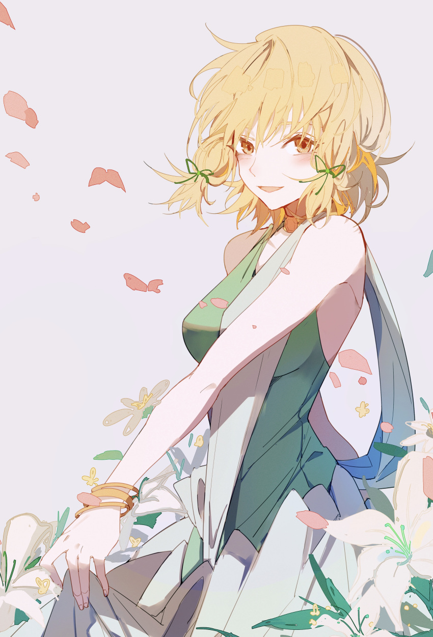 1girl, :d, absurdres, bangs, bare_arms, blonde_hair, blush, bracelet