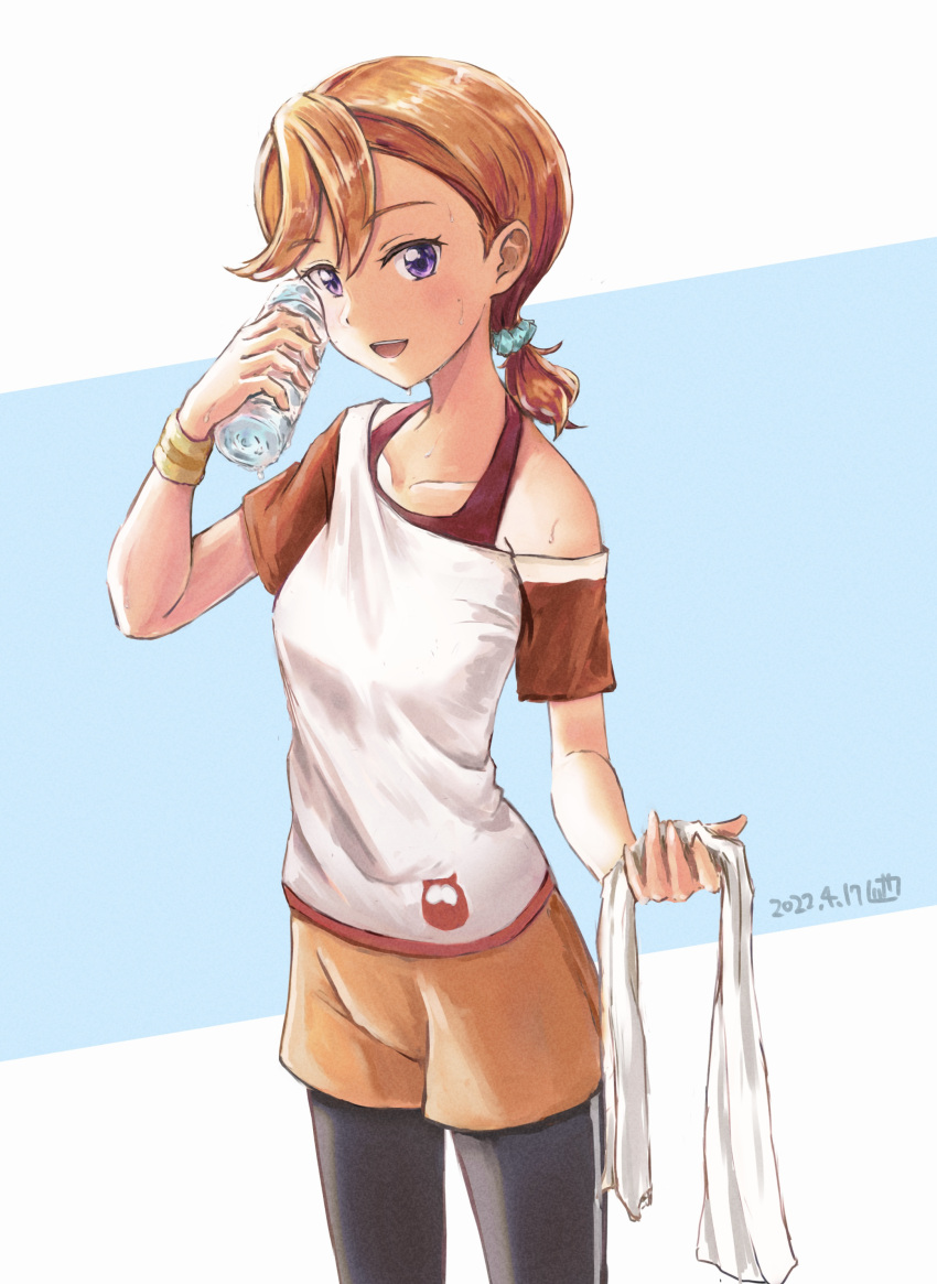 1girl, 2022, :d, absurdres, bangs, blue_scrunchie, bottle, brown_hair