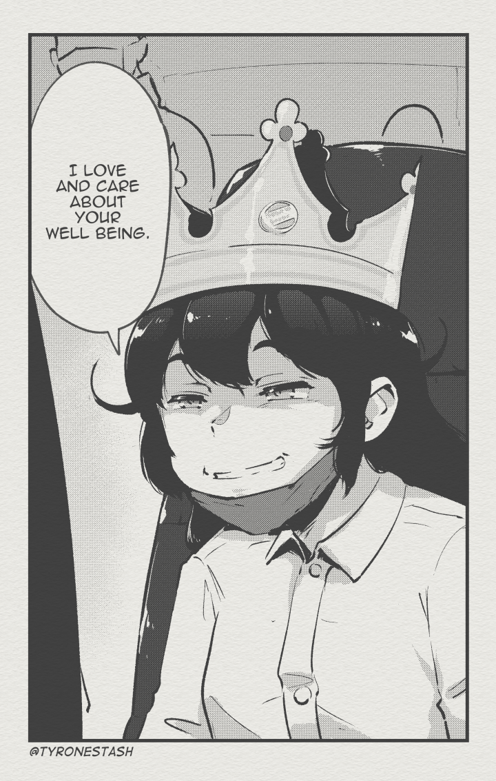 1girl, artist_name, burger_king, collared_shirt, crown, english_commentary, english_text, greyscale