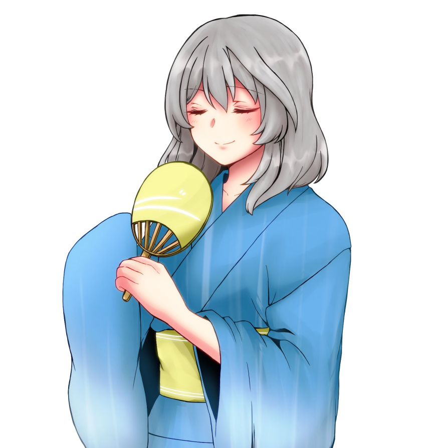 1girl, assault_lily, bangs, blue_kimono, closed_eyes, closed_mouth, collarbone, commentary_request