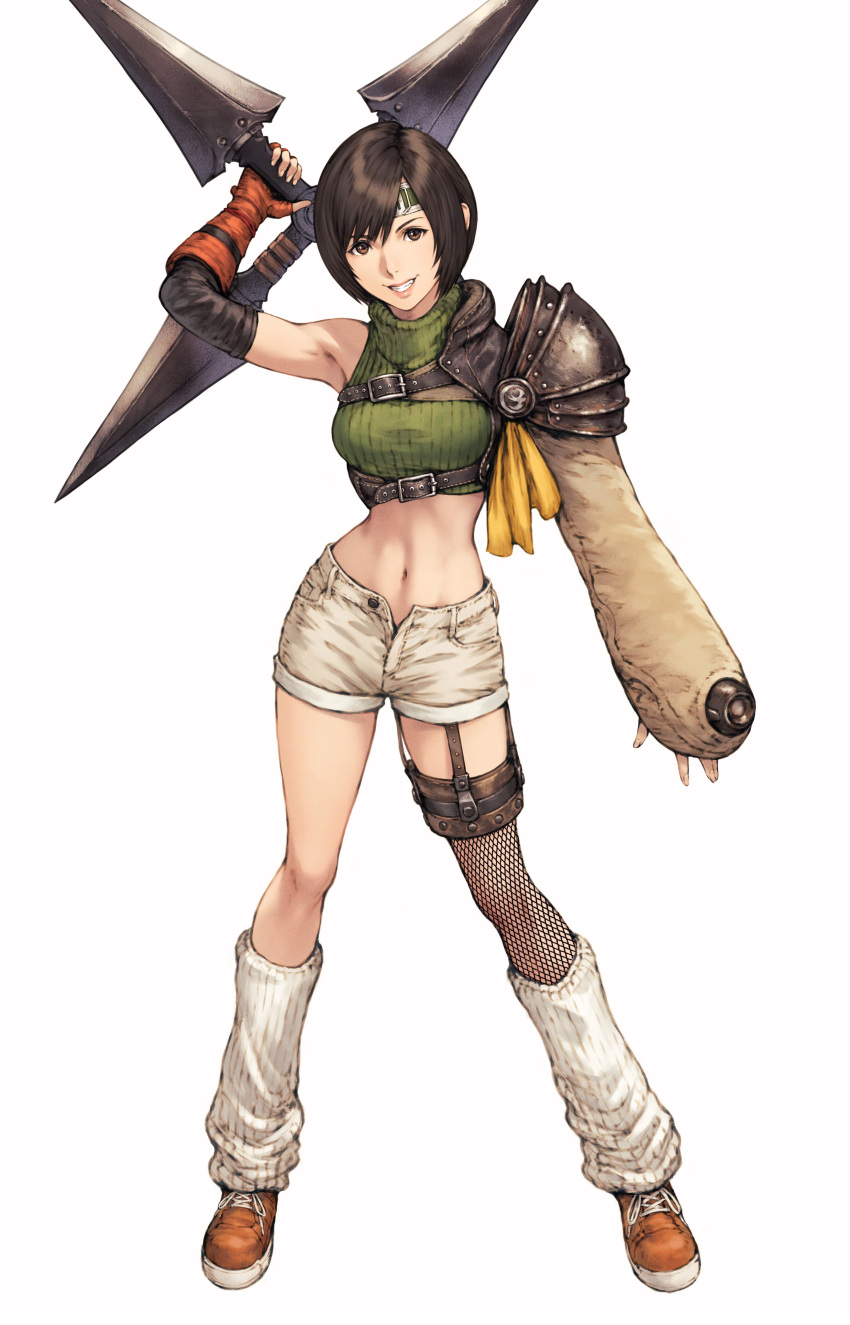 1girl, abs, absurdres, arm_guards, armor, asymmetrical_legwear, black_hair, brown_eyes