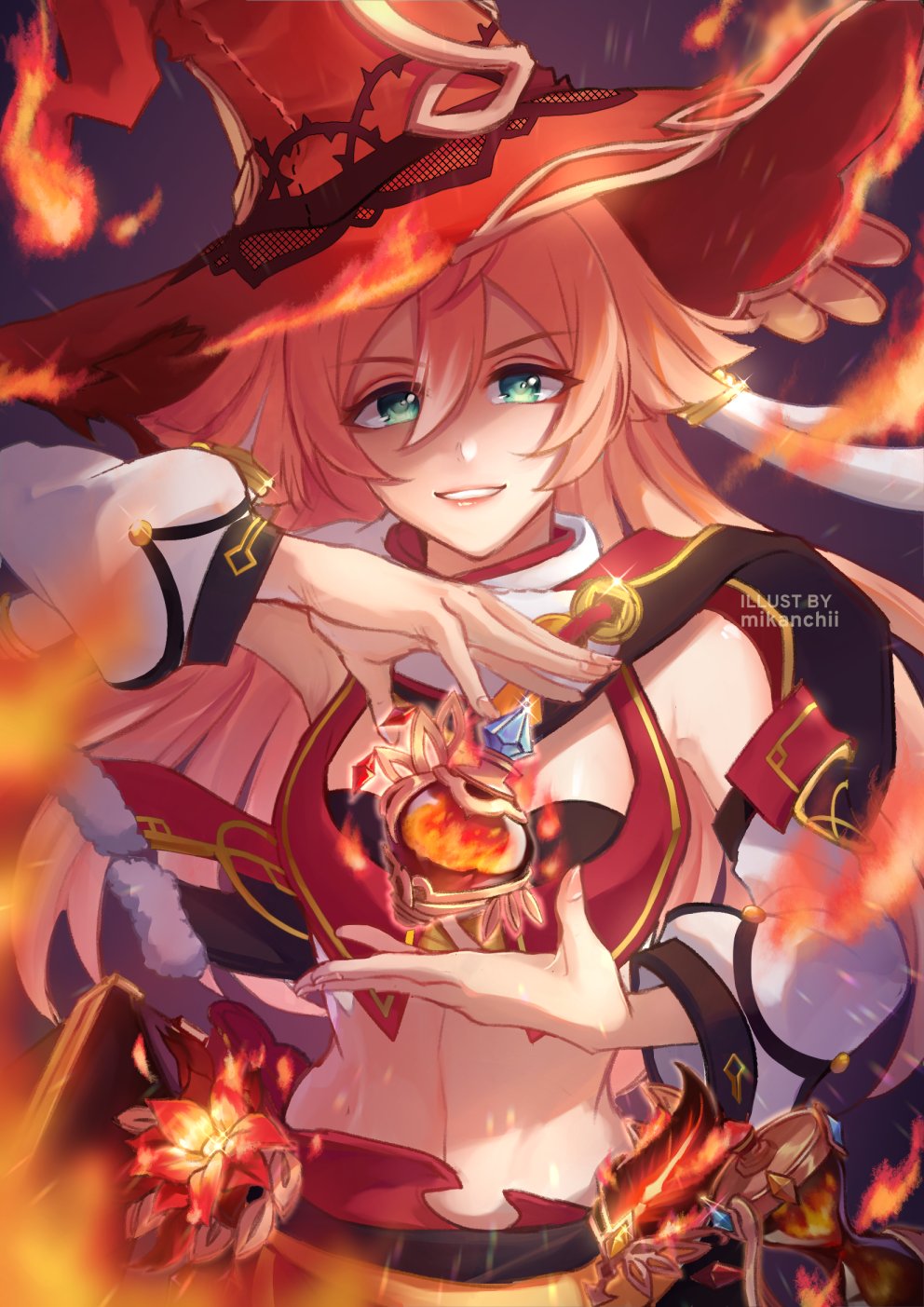 artifact_(genshin_impact), detached_sleeves, fire, genshin_impact, green_eyes, highres, horns, midriff