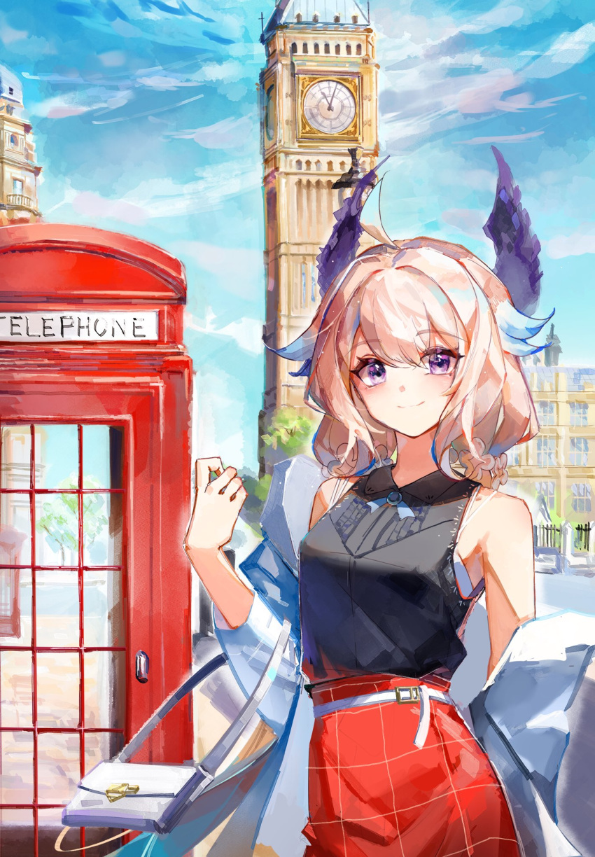 1girl, a_ji, alternate_costume, bag, belt, black_shirt, blonde_hair, blue_hair, clouds, coat, collared_shirt, colored_tips, elizabeth_tower, enna_alouette, handbag, head_wings, highres, london, long_hair, long_sleeves, looking_at_viewer, multicolored_hair, nijisanji, nijisanji_en, outdoors, phone_booth, red_skirt, shirt, skirt, sky, sleeveless, sleeveless_shirt, smile, solo, virtual_youtuber, white_bag, white_belt, white_coat