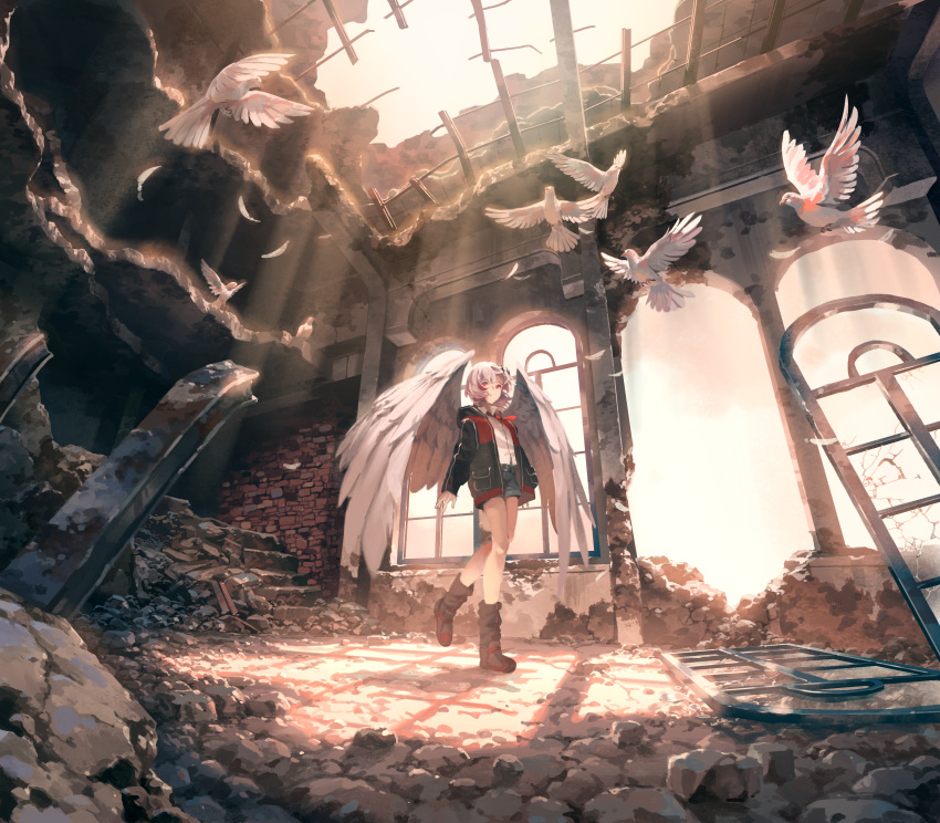 1girl, absurdres, angel_wings, arch, bird, boots, brick_wall, broken_window