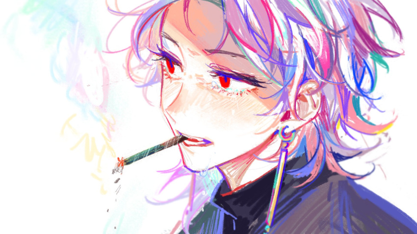 1boy, black_sweater, cellberry_proto, cigarette, colored_smoke, commentary, crying, crying_with_eyes_open