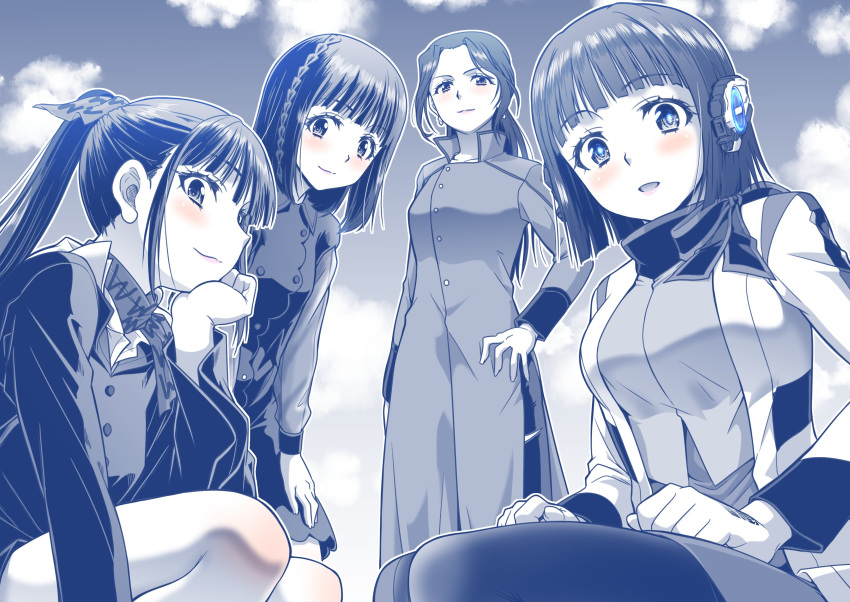 4girls, absurdres, aguilera_(kamen_rider_revice), bow, braid, earrings, glowing, glowing_eyes
