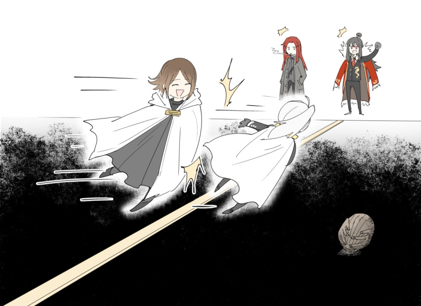 2boys, 3girls, black_hair, brown_hair, cheering, cloak, coat, hand_in_pocket, kali_(project_moon), kankan33333, library_of_ruina, long_hair, moirai_(library_of_ruina), multiple_boys, multiple_girls, philip_(library_of_ruina), project_moon, pushing, red_eyes, redhead, sketch, smile, smoking, white_hair, xiao_(library_of_ruina), yan_vismok, yellow_eyes