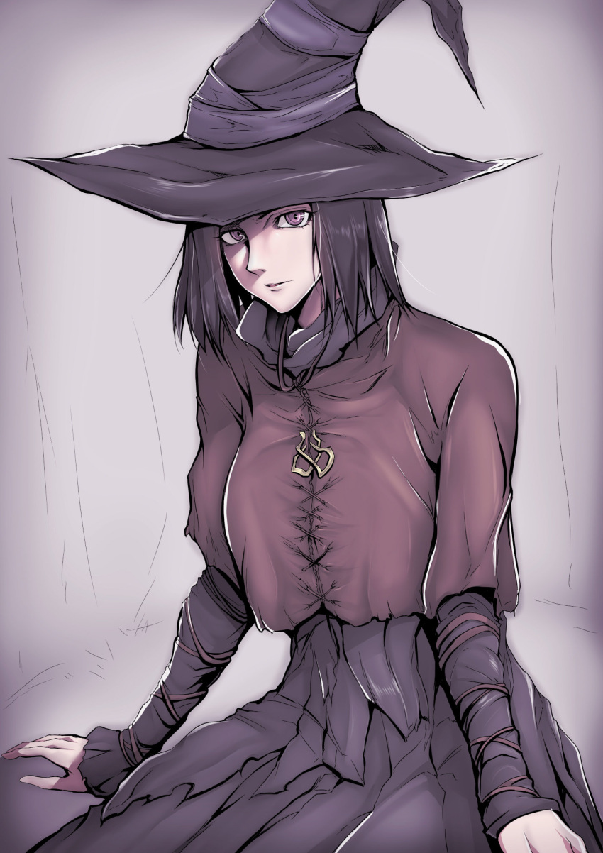 1girl, black_dress, black_hair, black_headwear, brown_cloak, cloak, commentary_request, dark_souls_(series)