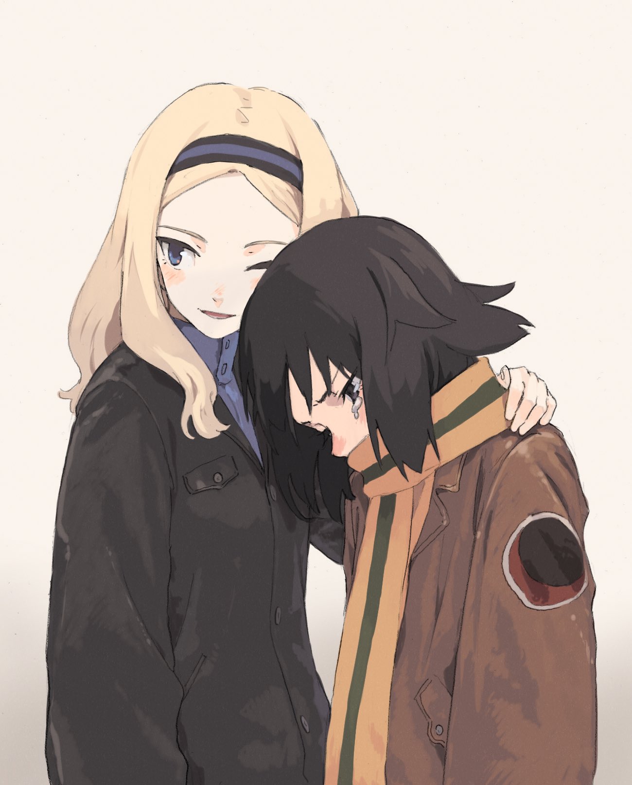 2girls, aleksandra_i._pokryshkin, black_eyes, black_hair, black_jacket, blonde_hair, blue_eyes, blue_shirt, brave_witches, brown_jacket, cowboy_shot, crying, hand_on_another's_neck, headband, highres, jacket, kanno_naoe, long_hair, multiple_girls, one_eye_closed, scarf, shiratama_(hockey), shirt, short_hair, sidelocks, smile, strike_witches, white_background, world_witches_series