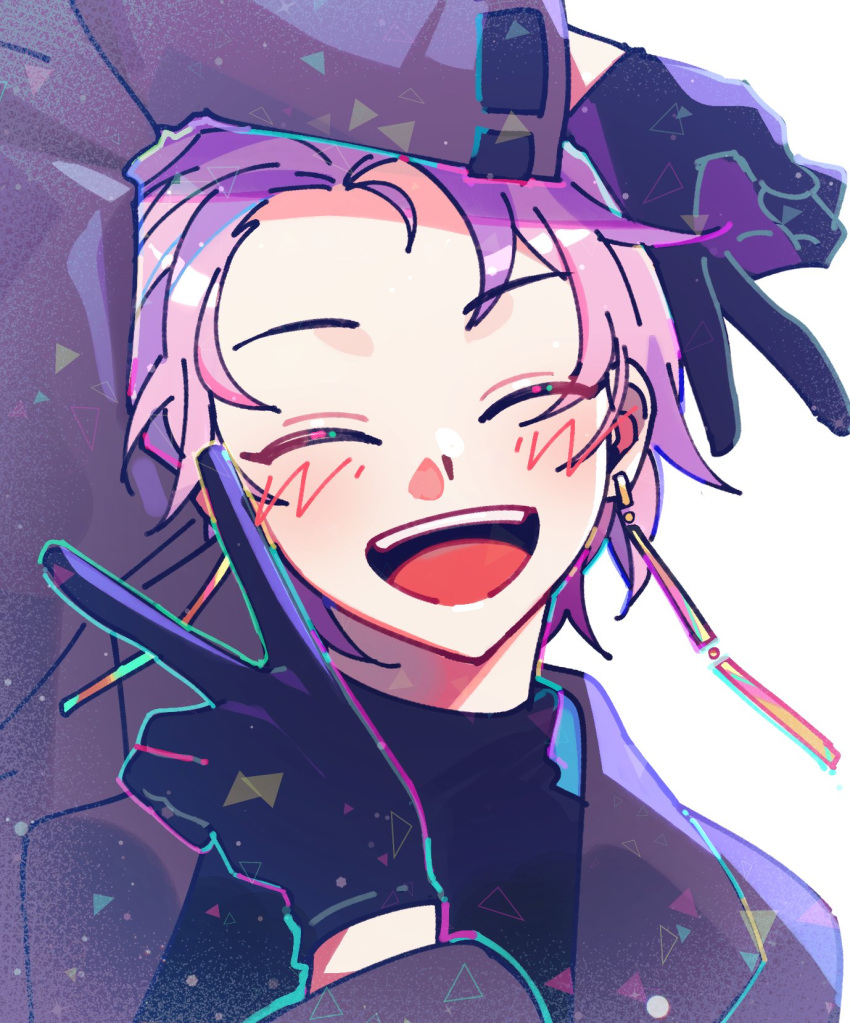 arm_over_head, black_gloves, black_sweater, cellberry_proto, closed_eyes, commentary_request, double_v, earrings