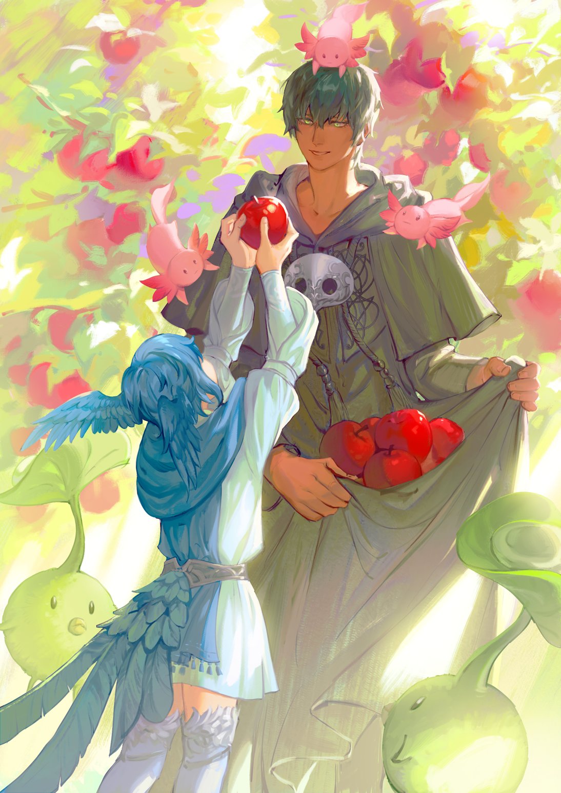 1boy, 1girl, animal_on_head, animal_on_shoulder, apple, apple_tree, arms_up, axolotl, bangs, bird_girl, bird_legs, bird_tail, bird_wings, black_capelet, black_robe, blue_hair, blue_scarf, capelet, collarbone, commentary, dark-skinned_male, dark_skin, day, dress, english_commentary, facing_away, feathered_wings, feet_out_of_frame, final_fantasy, final_fantasy_xiv, food, fruit, giving, green_eyes, green_hair, head_wings, hermes_(ff14), highres, holding, holding_food, holding_fruit, hood, hood_down, hooded_capelet, korpokkur, leaf, long_sleeves, looking_at_another, mask, mask_removed, meteion, on_head, on_shoulder, open_mouth, outdoors, reneelric, scarf, short_hair, skirt_basket, skirt_hold, smile, standing, tail, tassel, tree, white_dress, wings