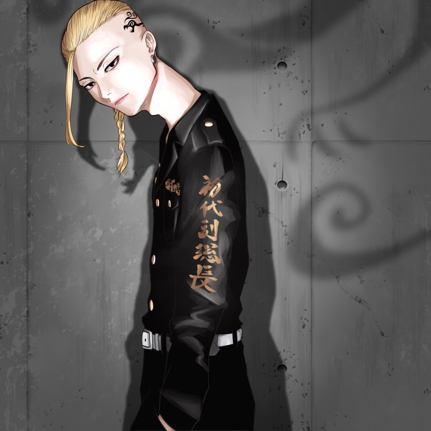 1boy, absurdres, adam's_apple, belt, black_eyes, black_jacket, black_pants, blonde_hair