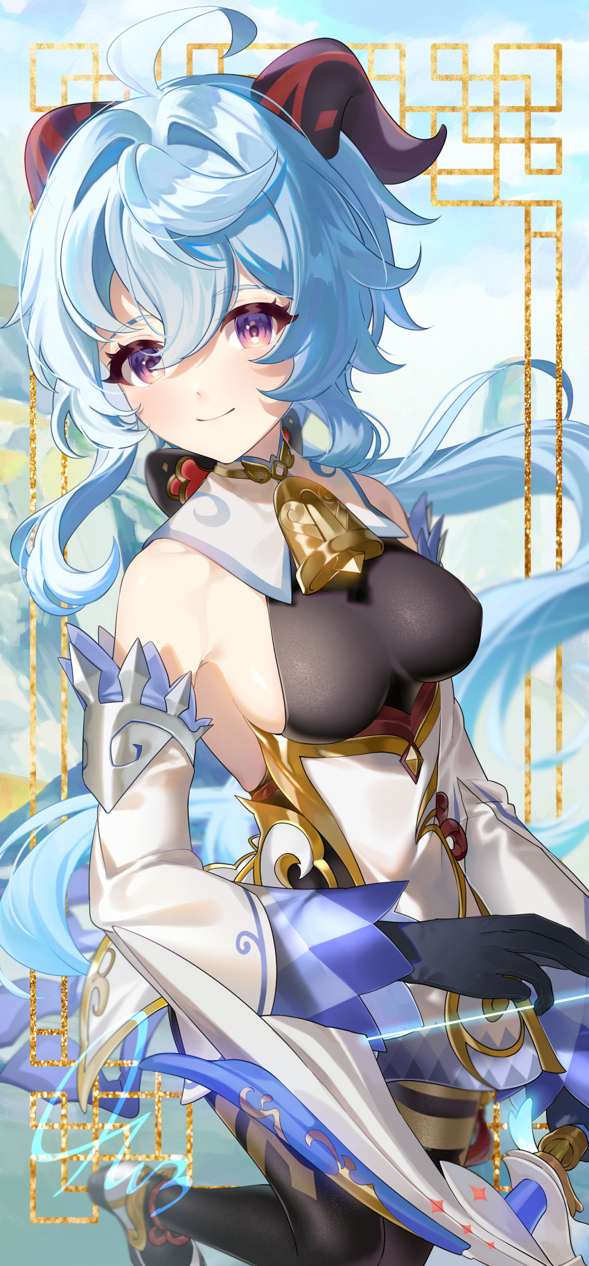 1girl, absurdres, ahoge, amos'_bow_(genshin_impact), bangs, bare_shoulders, bell, black_gloves