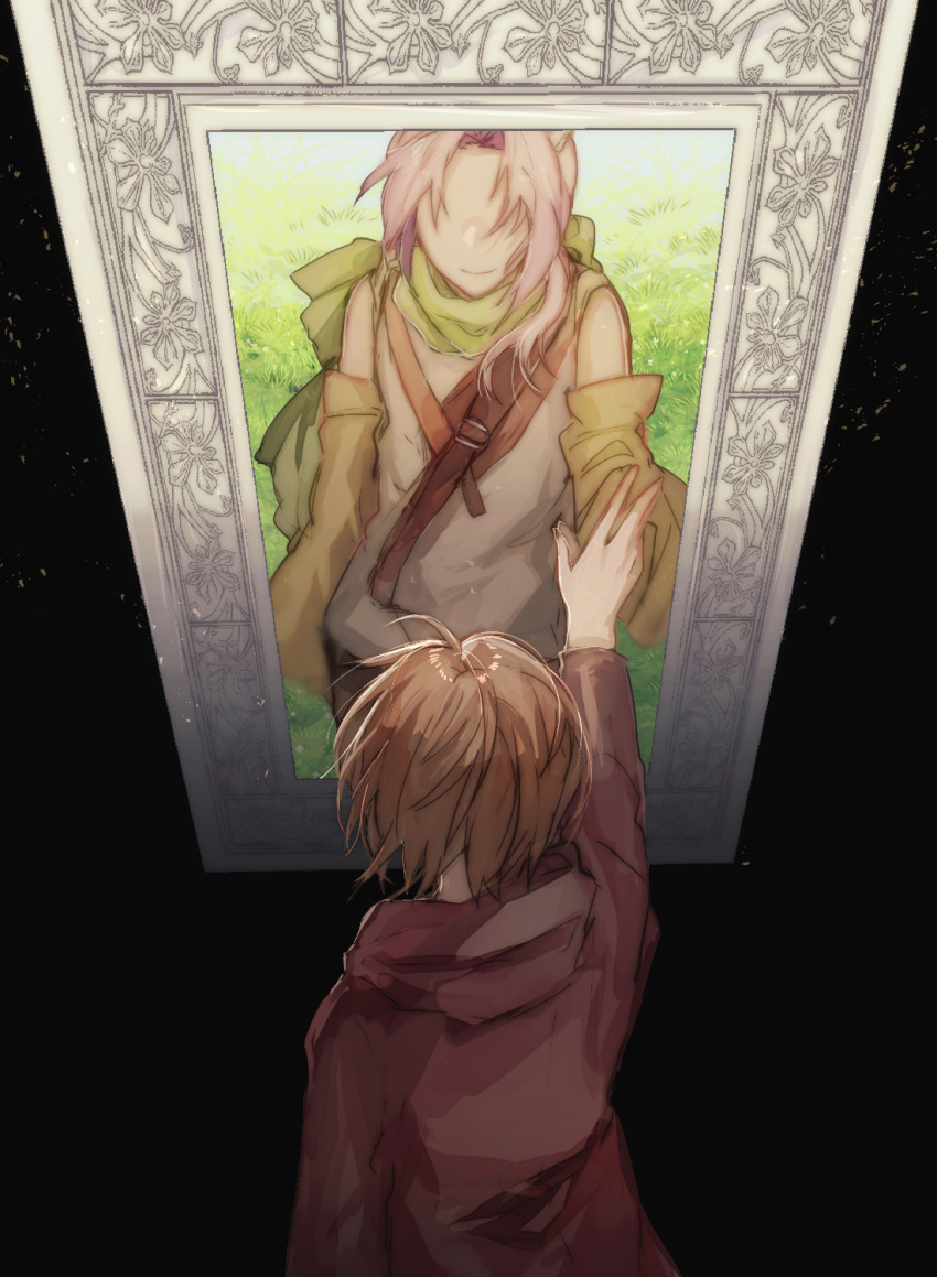 2boys, belt, belt_buckle, brown_belt, brown_hair, buckle, commentary_request, detached_sleeves