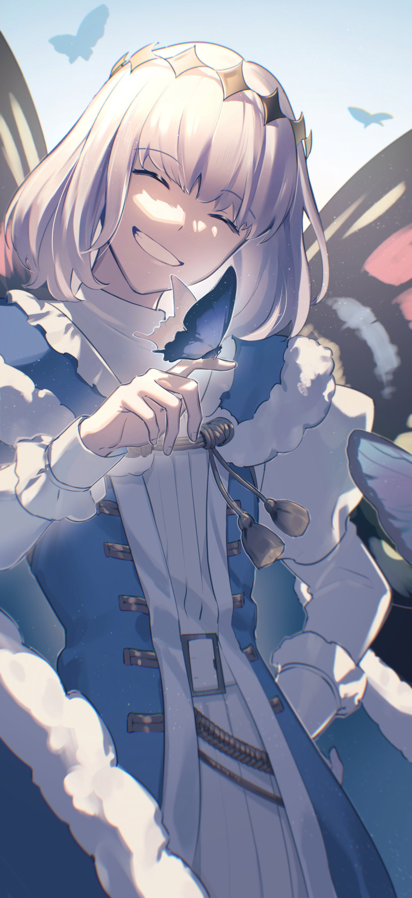 1boy, absurdres, arthropod_boy, bangs, blue_butterfly, blue_cloak, bug, butterfly