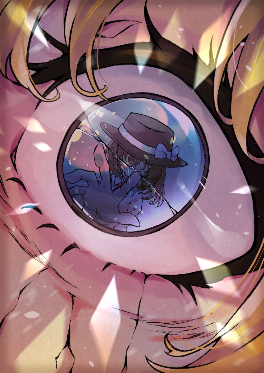 2girls, absurdres, bangs, black_headwear, blonde_hair, bow, brown_hair, collared_shirt, commentary, crack, cracked_eyes, cracked_skin, eye_focus, eye_reflection, false_smile, fedora, hat, hat_bow, highres, looking_at_viewer, maribel_hearn, medium_hair, multiple_girls, necktie, no_eyes, open_mouth, reaching_out, red_necktie, reflection, shirt, sinister, smile, souma_&amp;_shue, touhou, usami_renko, white_bow, white_shirt