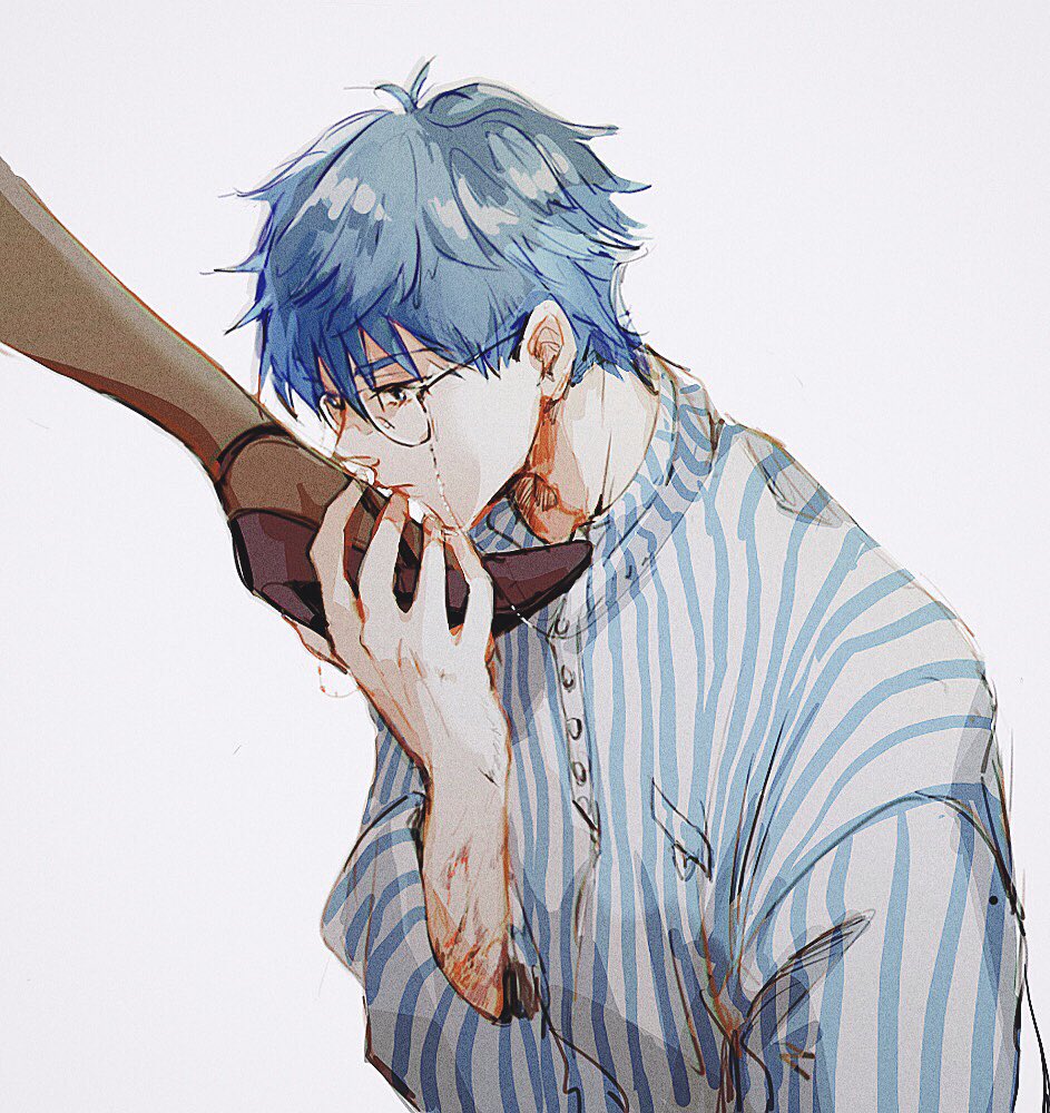 1boy, 1girl, amidura, bangs, black_footwear, black_pantyhose, blue_eyes, blue_hair, closed_mouth, commentary, expressionless, eyewear_strap, fate/grand_order, fate_(series), glasses, grey_background, hans_christian_andersen_(adult)_(fate), hans_christian_andersen_(fate), high_heels, holding, holding_feet, long_sleeves, looking_at_another, male_focus, older, pantyhose, sesshouin_kiara, sesshouin_kiara_(swimsuit_mooncancer), sesshouin_kiara_(swimsuit_mooncancer)_(second_ascension), shirt, short_hair, simple_background, solo_focus, striped, striped_shirt, upper_body, vertical-striped_shirt, vertical_stripes