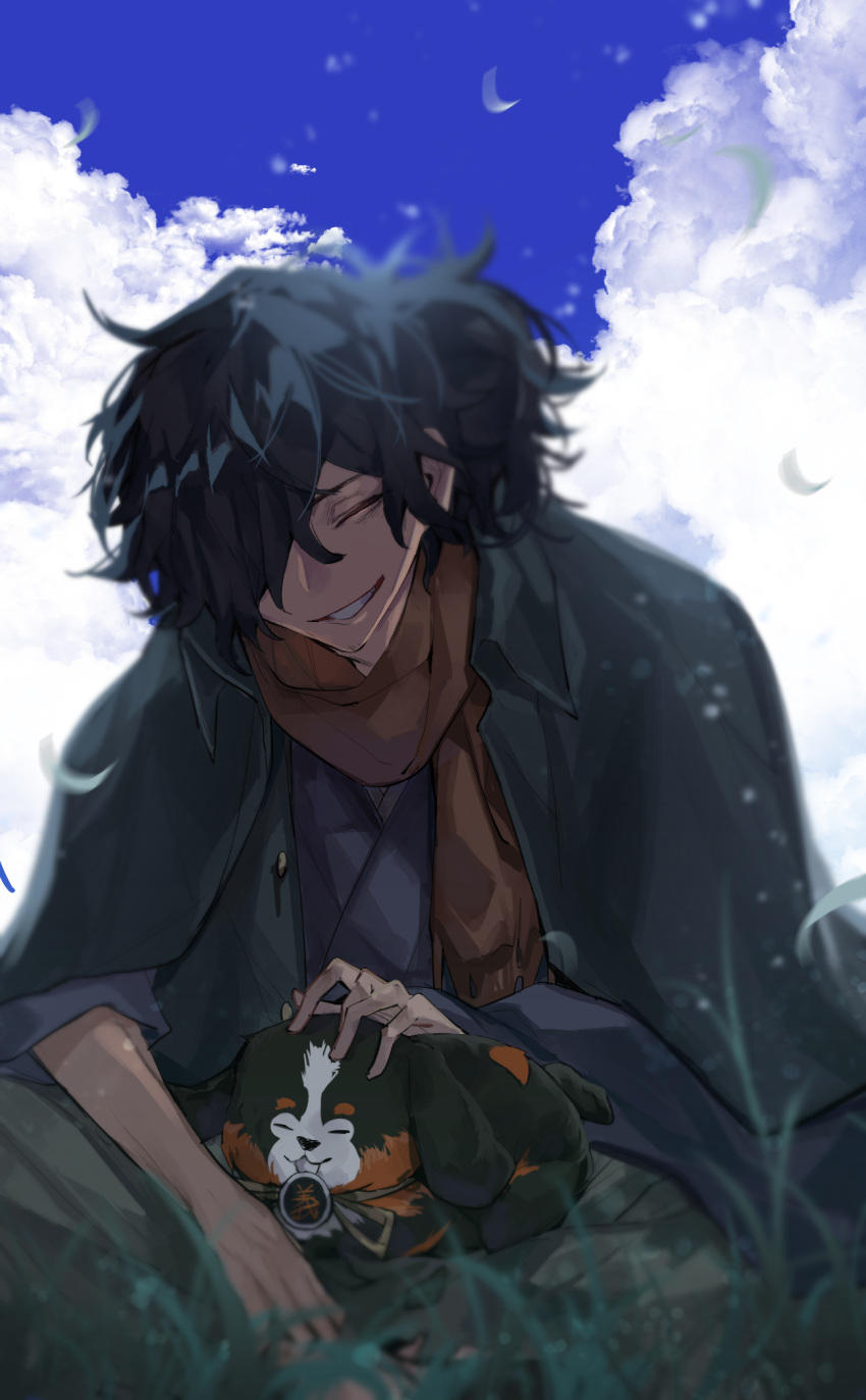 1boy, ^_^, ^o^, animal, bangs, black_hair, brown_scarf, closed_eyes, clouds, cloudy_sky, commentary_request, dog, fate/grand_order, fate/type_redline, fate_(series), futon_(ftn_7118), grass, hair_over_one_eye, highres, japanese_clothes, kimono, koha-ace, light_particles, long_hair, long_sleeves, male_focus, okada_izou_(fate), ponytail, scarf, sitting, sky, smile, solo, teeth