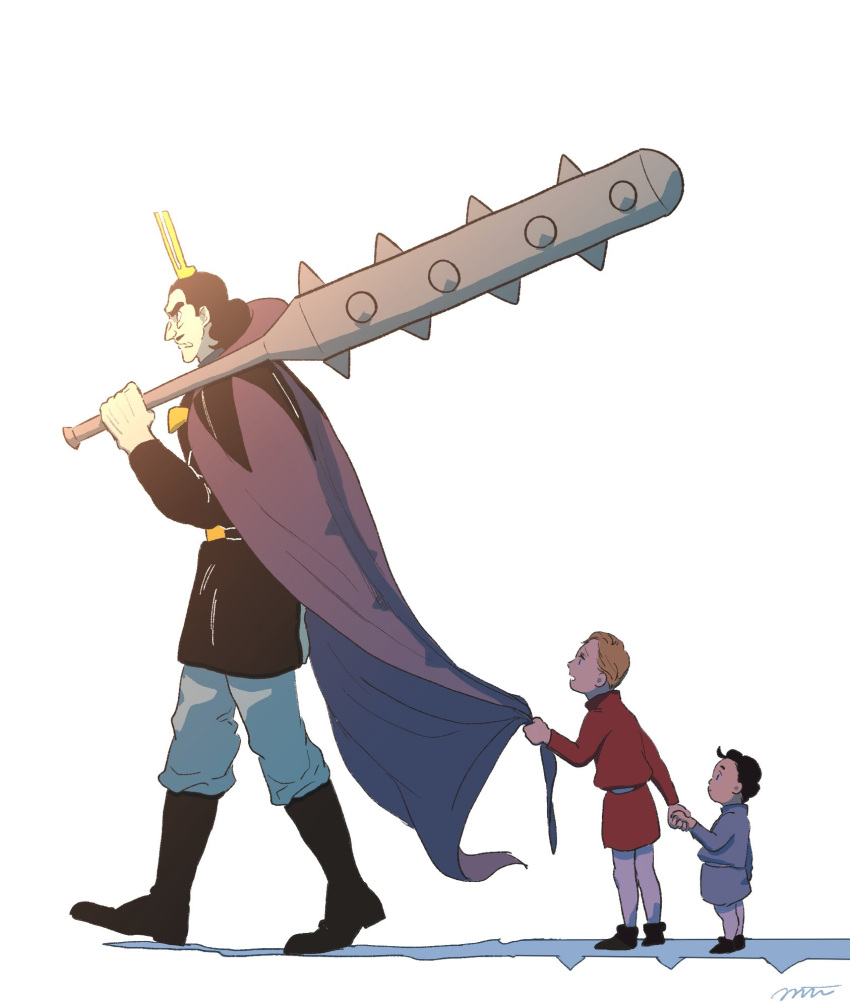 black_footwear, black_hair, black_tunic, blonde_hair, boots, brothers, cape, cape_grab