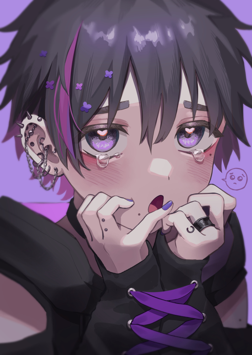 1boy, androgynous, aruminsuko, black_hair, blush, body_piercings, ear_piercing, earrings
