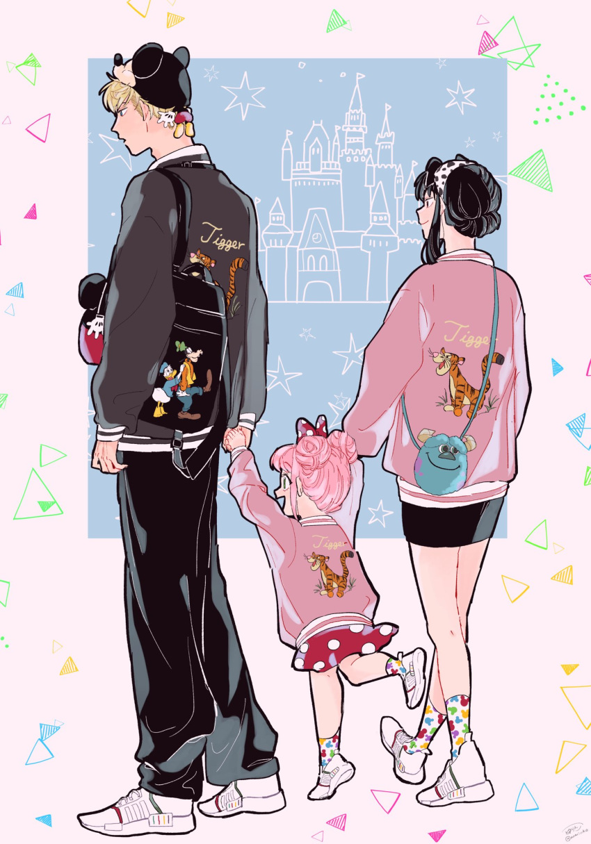 1boy, 2girls, animal_print, anya_(spy_x_family), arms_at_sides, arms_up, awarinko, backpack