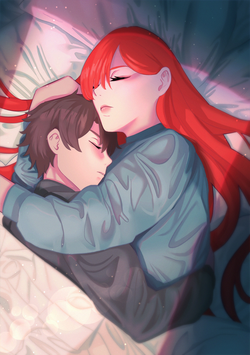 1boy, 1girl, artist_request, bed_sheet, black_hair, black_sweater, closed_eyes, cuddling