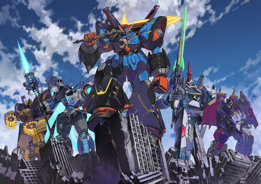 clouds, energy_weapon, green_eyes, gun, highres, holding, holding_gun, holding_polearm