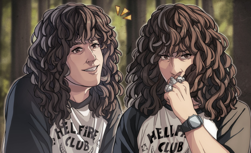 2boys, blurry, blurry_background, bolt, brown_hair, drawing, dual_persona, eddie_munson