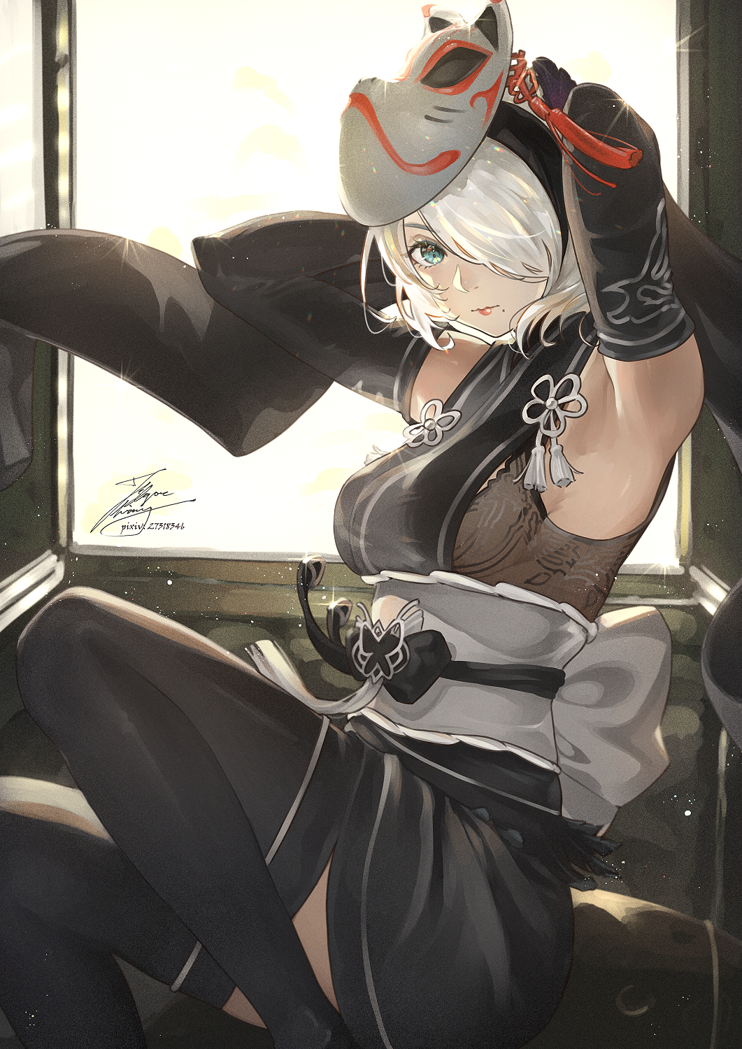 1girl, armpits, blue_eyes, breasts, dress, elbow_gloves, fadingz, fox_mask