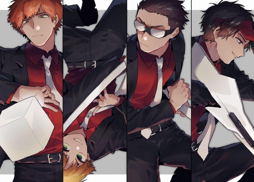2_0_hatsu, 4boys, adapted_costume, bangs, belt, black_footwear, black_gloves, black_hair