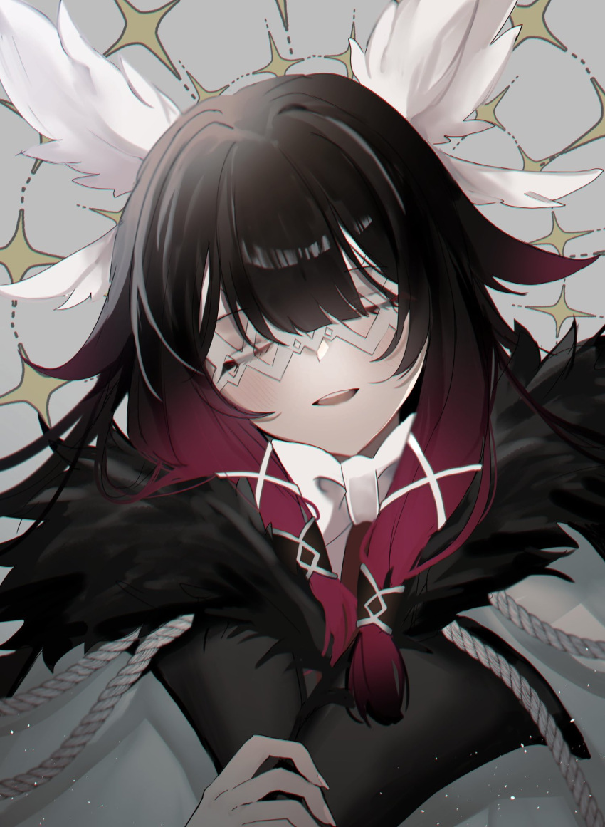 1girl, bangs, black_hair, blunt_bangs, columbina_(genshin_impact), eye_mask, fur_trim, genshin_impact