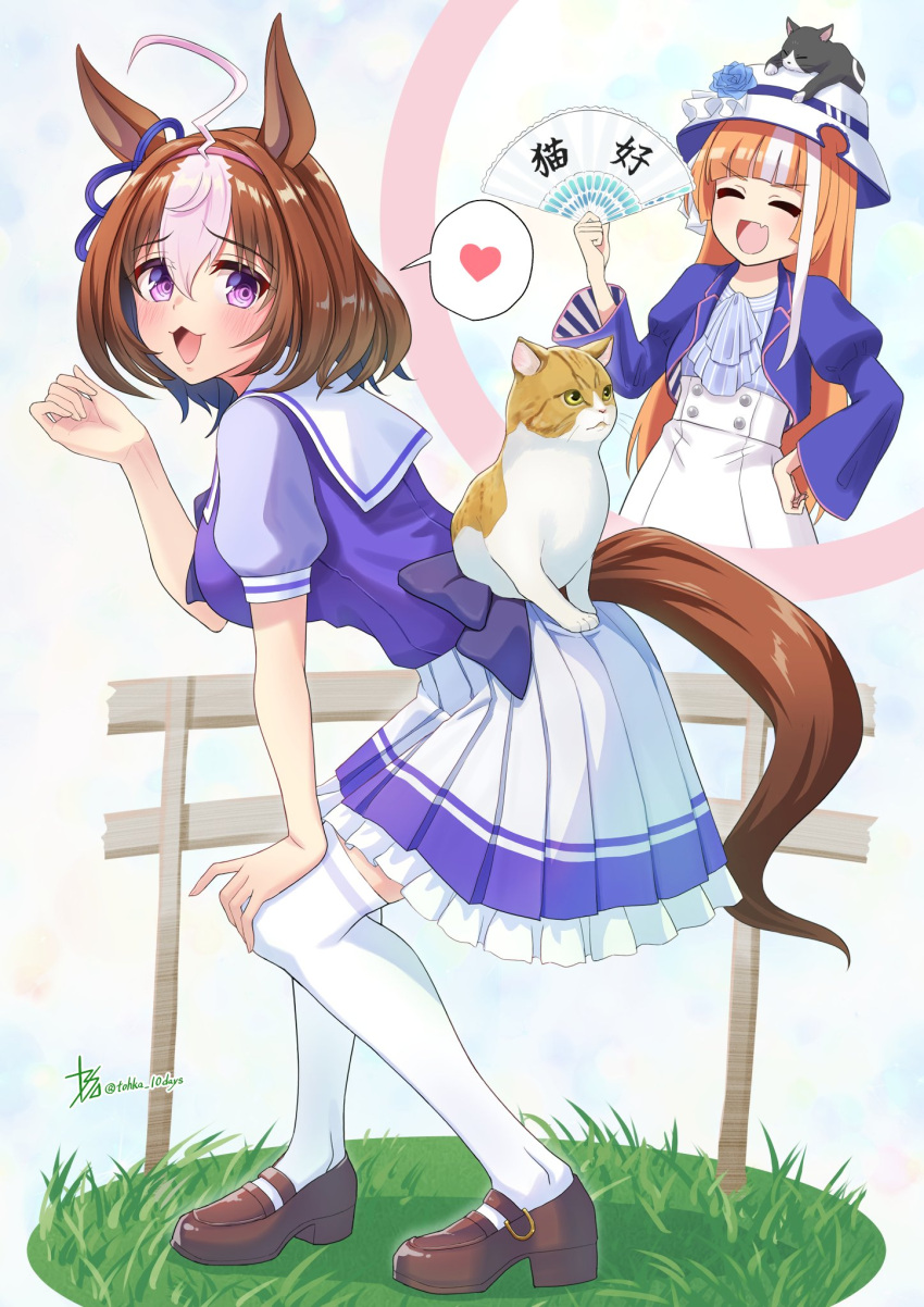 2girls, akikawa_yayoi_(umamusume), animal, animal_ears, animal_on_back, animal_on_head, bangs, blue_jacket