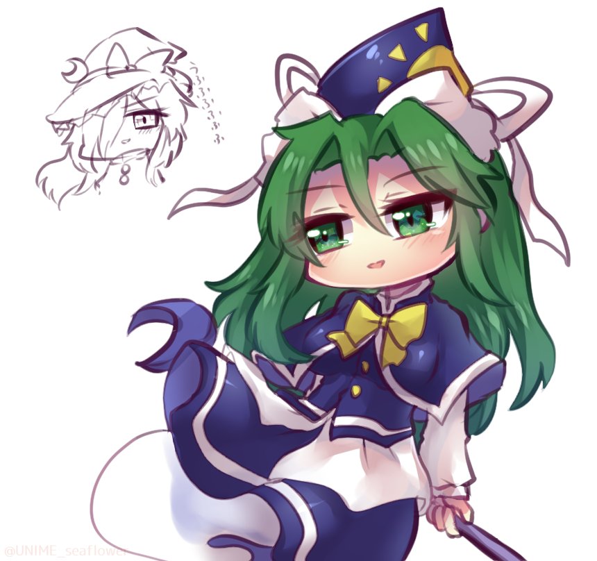 2girls, blue_skirt, blue_vest, bow, breasts, capelet, dress, ghost_tail, green_eyes, green_hair, hair_between_eyes, hat, kirisame_marisa, kirisame_marisa_(pc-98), long_hair, long_sleeves, mima_(touhou), moon_(ornament), multiple_girls, open_mouth, ribbon, shirt, simple_background, skirt, skirt_set, smile, staff, sun_print, touhou, touhou_(pc-98), unime_seaflower, vest, white_shirt, witch_hat, wizard_hat