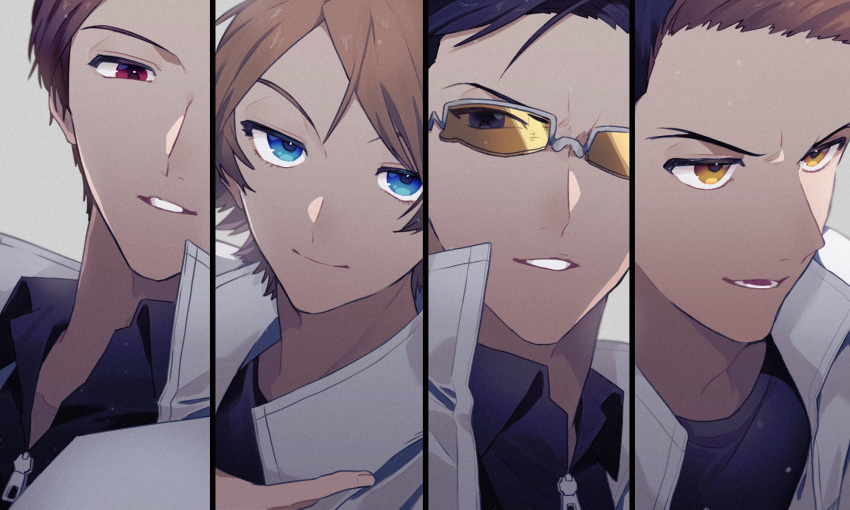 2_0_hatsu, 4boys, black_eyes, black_hair, black_shirt, blue_eyes, brown_hair, collared_shirt, column_lineup, glasses, grey_background, grin, highres, jacket, kanda_tadaomi, kurauchi_kazuki, looking_at_viewer, looking_away, male_focus, multiple_boys, ouji_kazuaki, parted_lips, portrait, red_eyes, shirt, short_hair, smile, t-shirt, tinted_eyewear, uniform, white-framed_eyewear, white_jacket, world_trigger, yellow-tinted_eyewear, yellow_eyes, yuba_takuma, zipper_pull_tab